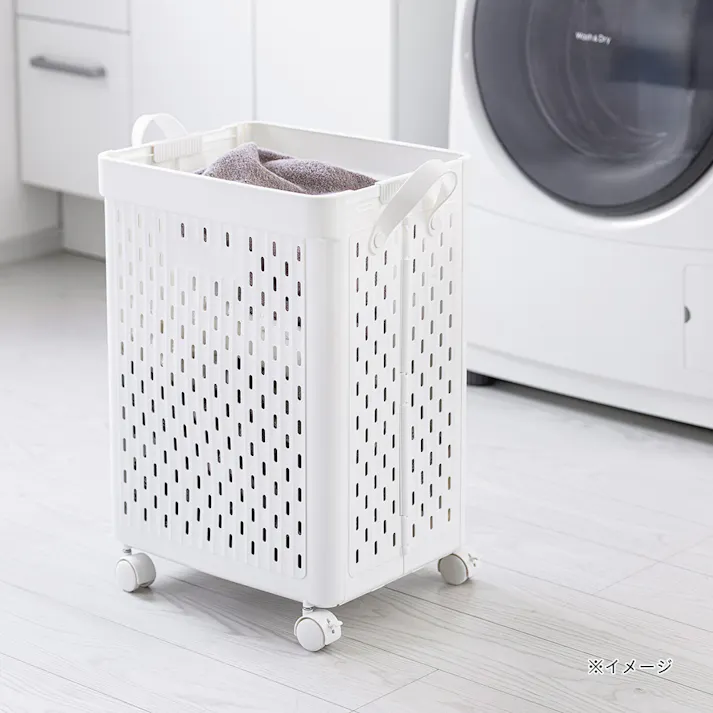 折りたためるキャスター付 ランドリーバスケット ホワイト 幅37cm 奥行31cm 高さ55cm