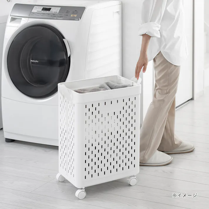 折りたためるキャスター付 ランドリーバスケット ホワイト 幅37cm 奥行31cm 高さ55cm