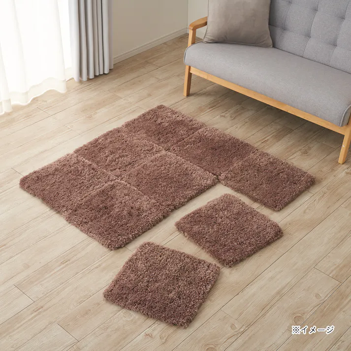洗えるパズルラグマット シャギー ブラウン 幅38cm 奥行38cm 厚さ2cm