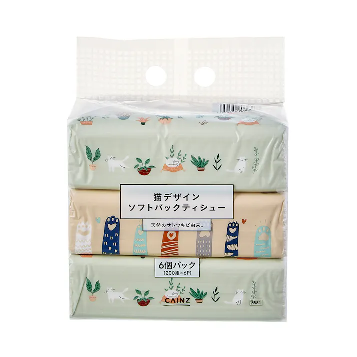 猫デザイン ソフトパックティシュー 200組×6個
