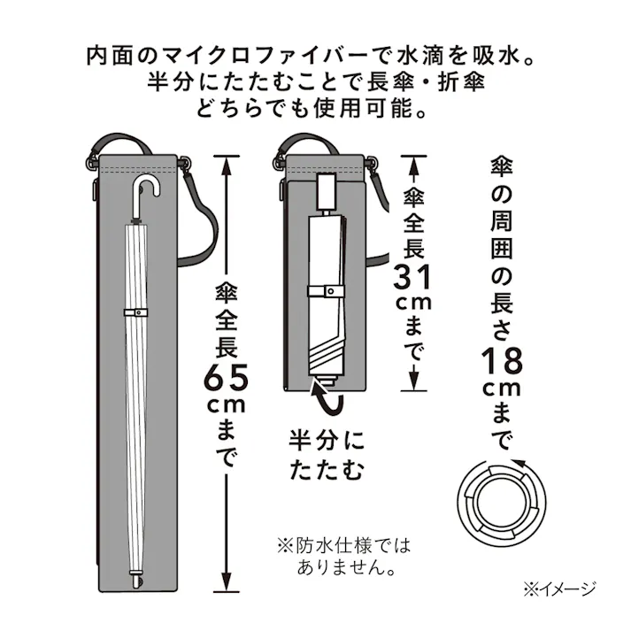 吸水マイクロファイバー付き 折傘にも長傘にも使えるトートバッグ グレー 68cm