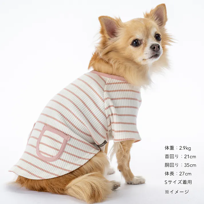 【送料無料】ボーダーリブカットソー Mサイズ ピンク ペット服(犬の服)
