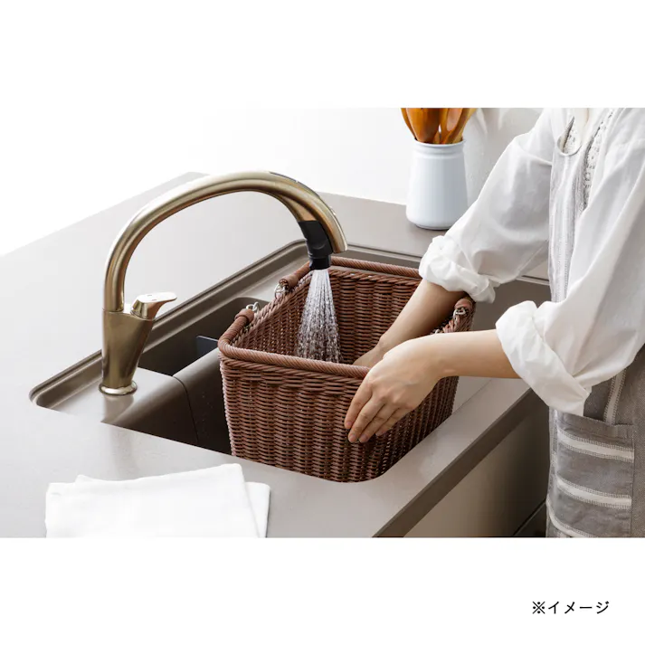 洗えるハンドル付きバスケット 幅40cm 奥行26cm 高さ24cm ブラウン