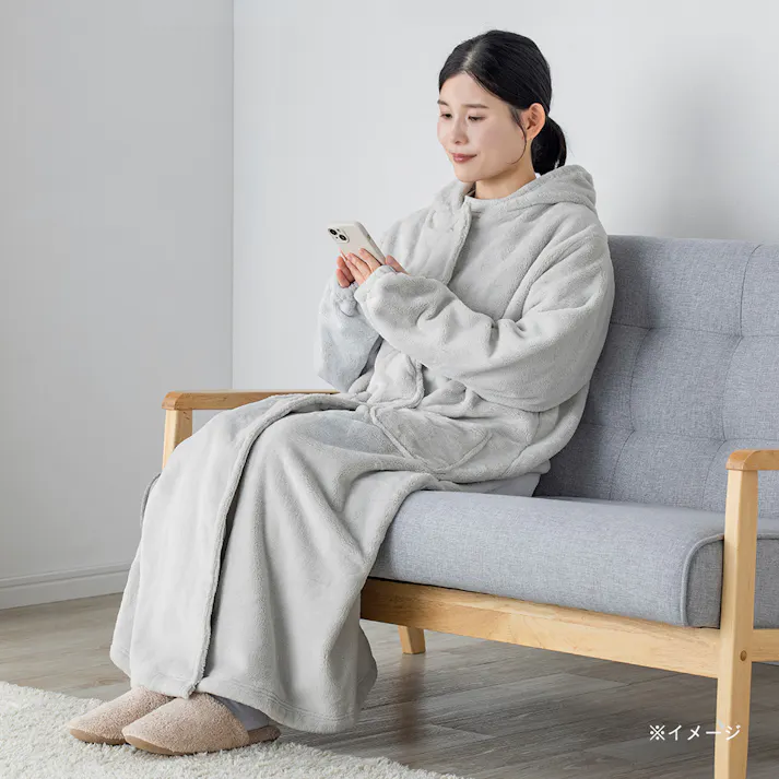 着る毛布 フード付き ロング 幅49cm 奥行130cm グレー
