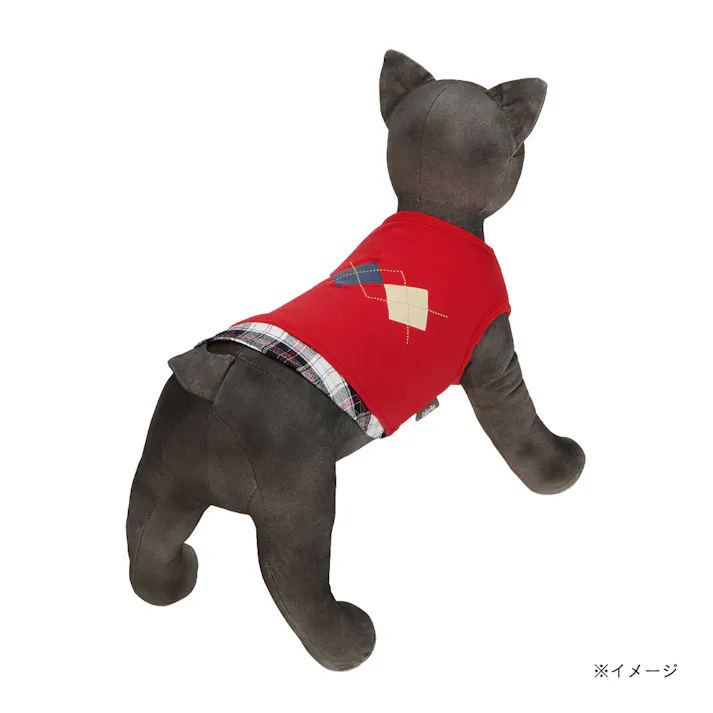 【送料無料】切り替えチェックカットソー SSサイズ レッド ペット服(犬の服)