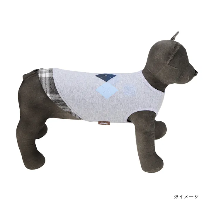 【送料無料】切り替えチェックカットソー MDサイズ グレー ペット服(犬の服)