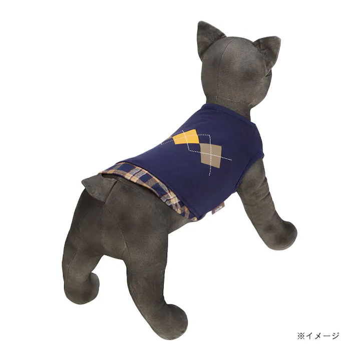 【送料無料】切り替えチェックカットソー MDサイズ ネイビー ペット服(犬の服)