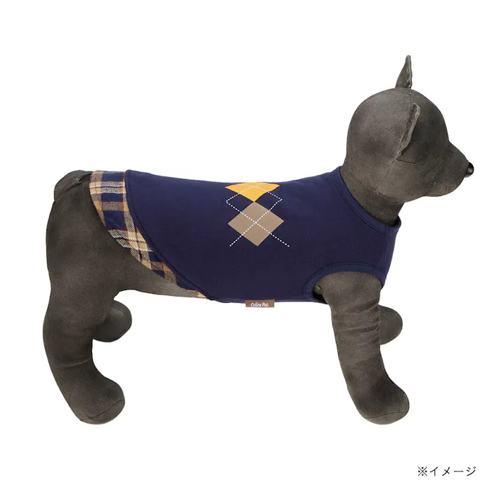 【送料無料】切り替えチェックカットソー MDサイズ ネイビー ペット服(犬の服)