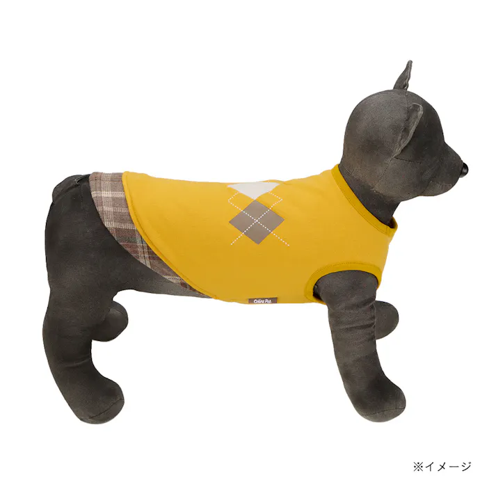 【送料無料】切り替えチェックカットソー Mサイズ マスタード ペット服(犬の服)