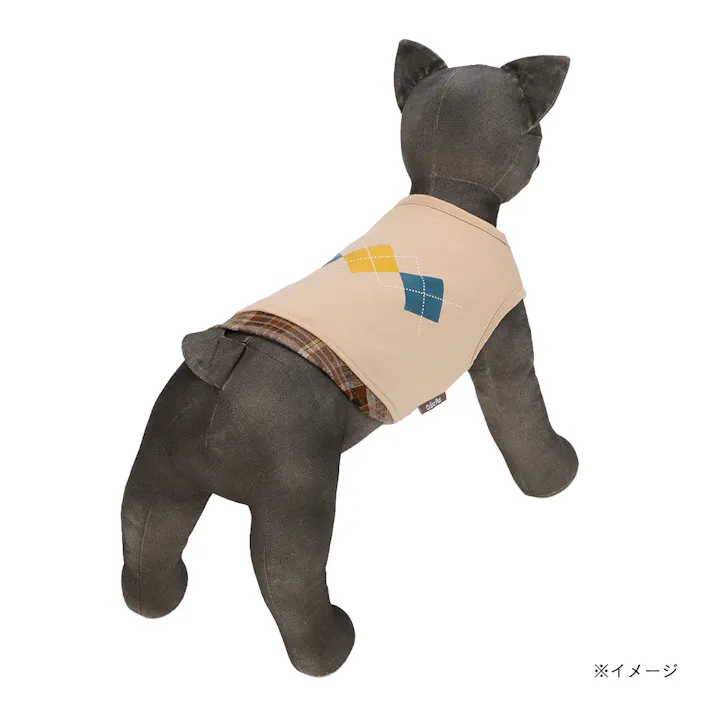 【送料無料】切り替えチェックカットソー Mサイズ ベージュ ペット服(犬の服)