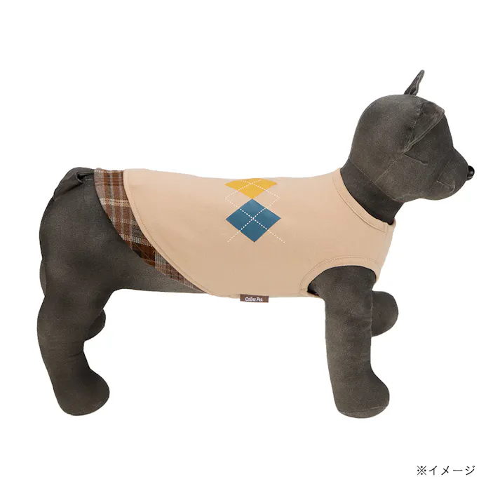 【送料無料】切り替えチェックカットソー Mサイズ ベージュ ペット服(犬の服)