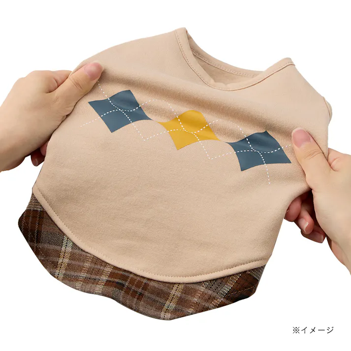 【送料無料】切り替えチェックカットソー MDサイズ ベージュ ペット服(犬の服)