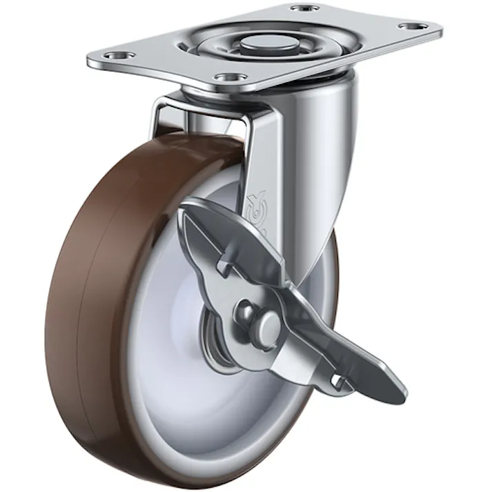 【CAINZ-DASH】ユーエイ キャスター事業部 プレート式 自在 キャスター ウレタン 車輪径100mm ストッパー付き Sタイプ SG-S型 取付寸法82×40 SG-100URS【別送品】