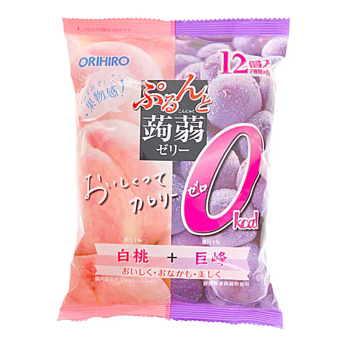 ぷるんと蒟蒻ゼリーパウチ カロリーゼロ 白桃+巨峰 12個入