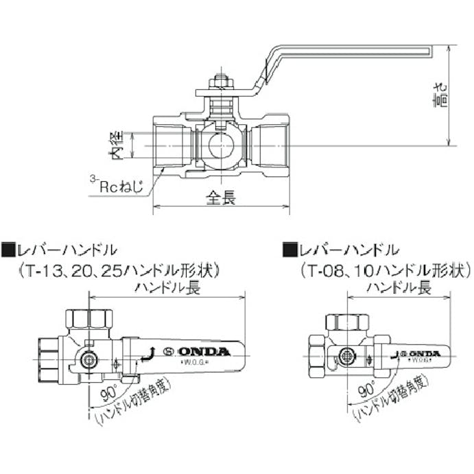 【CAINZ-DASH】オンダ製作所 Ｔ型（三方）ボールバルブ　Ｒｃ３／４ T-20【別送品】