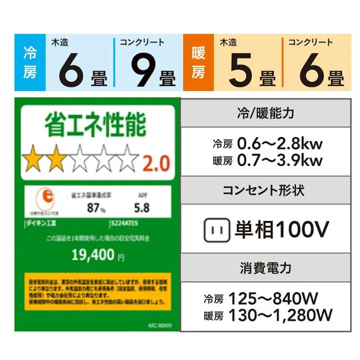 ダイキン エアコン Eシリーズ 6畳用 S224ATES-W(販売終了)