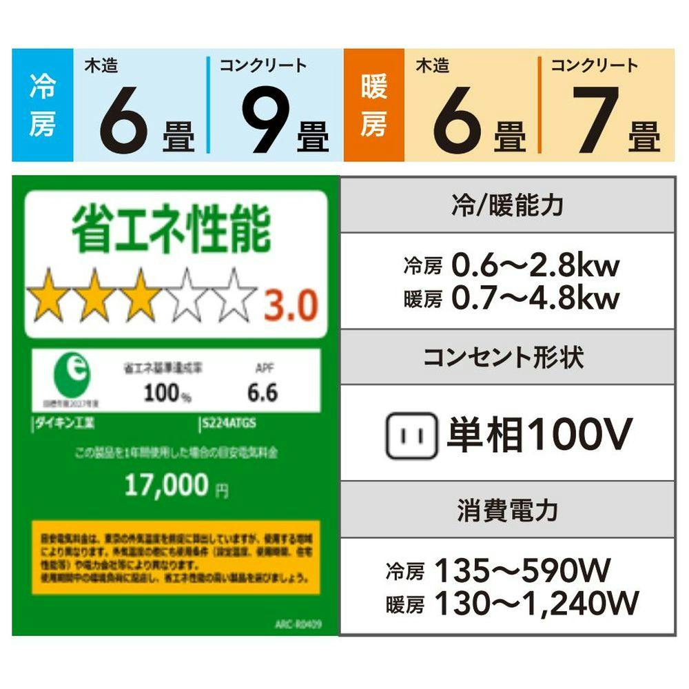 ダイキン エアコン GXシリーズ 6畳用 ホワイト S224ATGS-W(販売終了