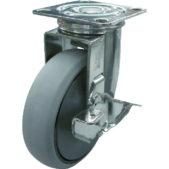 【CAINZ-DASH】ユーエイ キャスター事業部 プレート式 自在 ステンレスキャスター ウレタン 車輪径200mm ストッパー付き Jタイプ SUS-J-S型 取付寸法115×115(105×105) SUS-GUJ-200S【別送品】