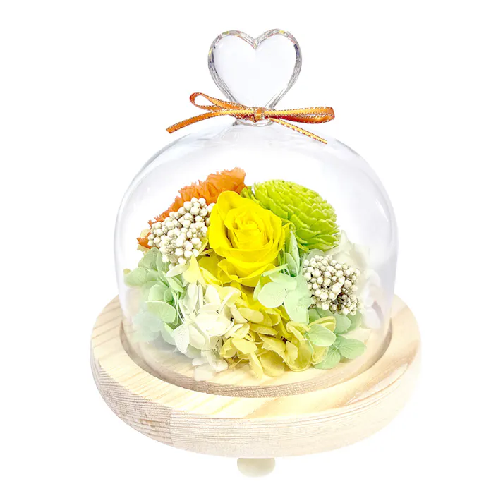 ガラスドームアレンジメントハート/オレンジ+ソーラ