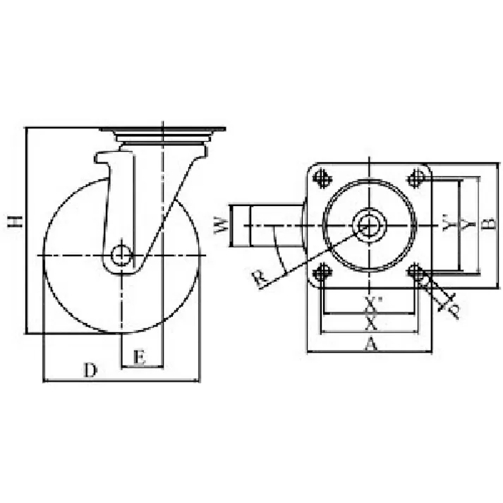 【CAINZ-DASH】ユーエイ キャスター事業部 プレート式 自在 キャスター ウレタン 車輪径130mm PMタイプ PMS型 取付寸法90×90(80×80) PMS-130UWBINJ【別送品】