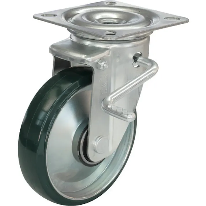 【CAINZ-DASH】ユーエイ キャスター事業部 プレート式 自在 キャスター ウレタン 車輪径130mm ストッパー付き PMタイプ PMS-LB(R)型 取付寸法90×90(80×80) PMS-130UWBLBRINJ【別送品】