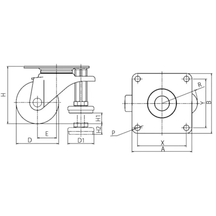 【CAINZ-DASH】ユーエイ キャスター事業部 プレート式 自在 アジャスター付キャスター グレーナイロン 車輪径60mm AFタイプ SGW-AF型 取付寸法75×75 SGW-60GN-AF【別送品】