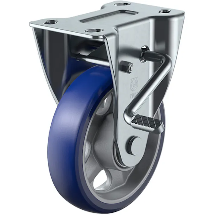 【CAINZ-DASH】ユーエイ キャスター事業部 プレート式 固定 キャスター プレミアムウレタン 車輪径150mm ストッパー付き PMタイプ PMR-LB(R)型 取付寸法112×50(100×56) PMR-150APULB(R)【別送品】