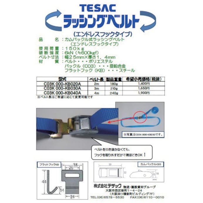 【CAINZ-DASH】テザック ラッシングベルト（ベルト荷締機）カムバックル式エンドレスフックタイプ C03K000-KB040A【別送品】