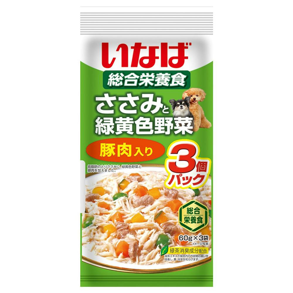 いなば ささみと緑黄色野菜 豚肉入り 3個パック 60g×3袋 犬用ウェットフード(パウチ) いなば ささみと緑黄色野菜 豚肉入り 3個パック 60g×3袋 犬用ウェットフード(パウチ)
