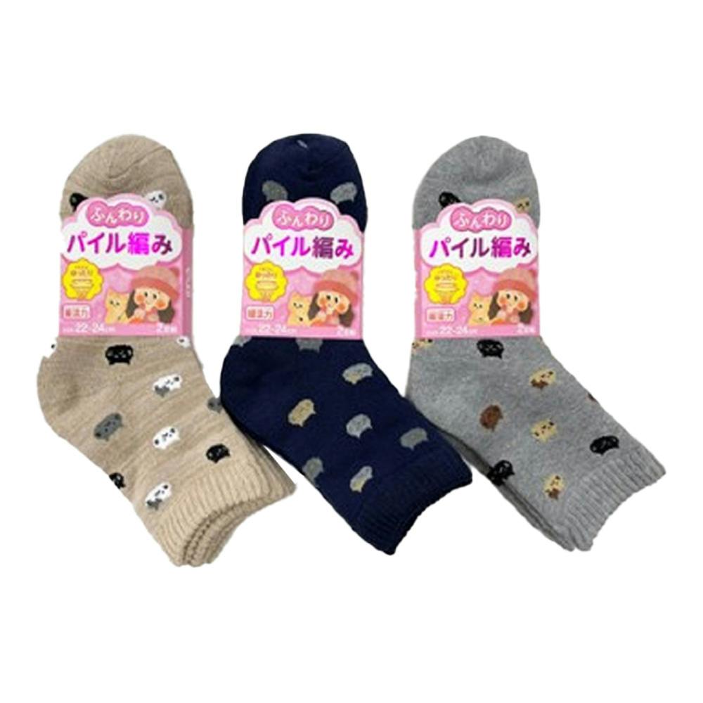 婦人靴下 ネコ顔柄 ふんわりパイル編み 2足組 22-24cm アソート