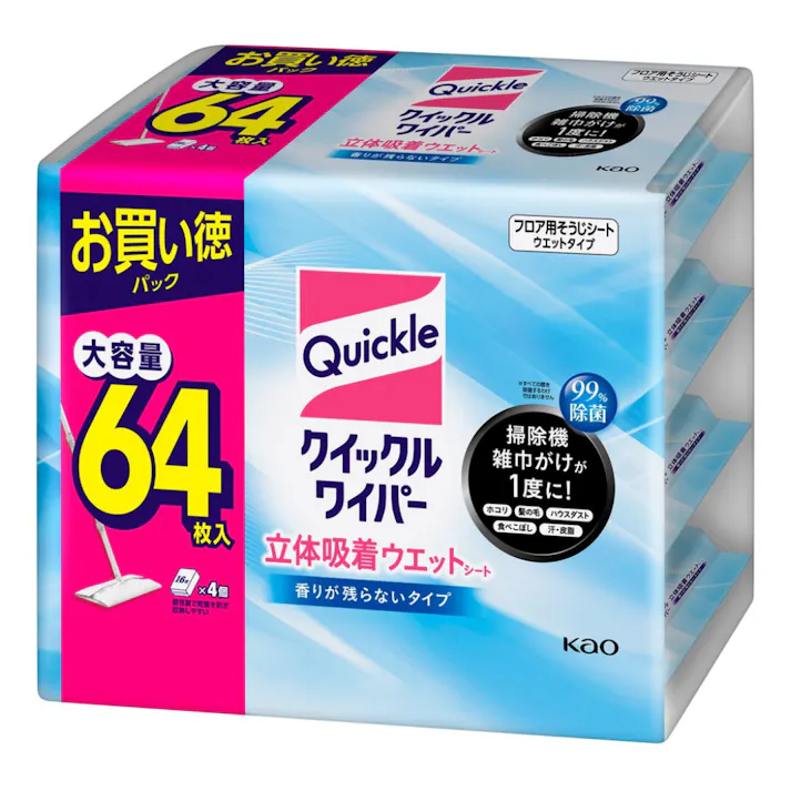 クイックルワイパー 立体吸着ウエットシート 香り残らないタイプ 64枚