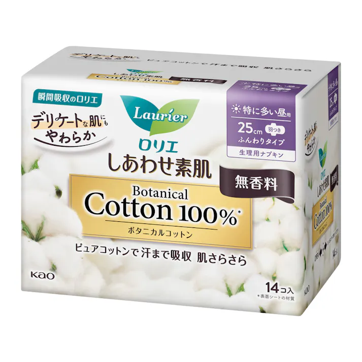 ロリエ しあわせ素肌 ボタニカルコットン100% 特に多い昼用25cm 羽つき 14個