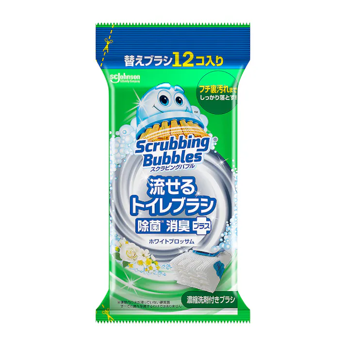 スクラビングバブル 流せるトイレブラシ 除菌消臭プラス ホワイトブロッサムの香り 付替ブラシ 12個入