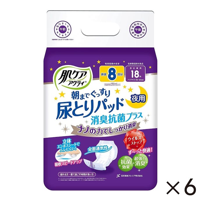 【ケース販売】日本製紙クレシア 肌ケア アクティ 尿とりパッド 消臭抗菌プラス 8回分吸収 18枚×6個