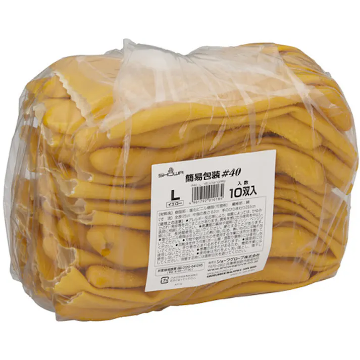 【CAINZ-DASH】ショーワグローブ 塩化ビニール手袋(裏布付) No40 まとめ買い 簡易包装ハイロン#40 1Pk(箱)=10双入 イエロー Lサイズ NO40-L-10P【別送品】