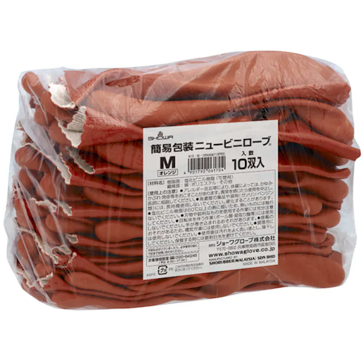 【CAINZ-DASH】ショーワグローブ 塩化ビニール手袋 まとめ買い 簡易包装ニュービニローブ(10双入) オレンジ Mサイズ NO610-M10P【別送品】