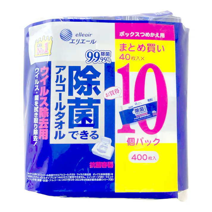 エリエール 除菌できるアルコールタオル ウイルス除去用 ボックス 詰替用 40枚×10P