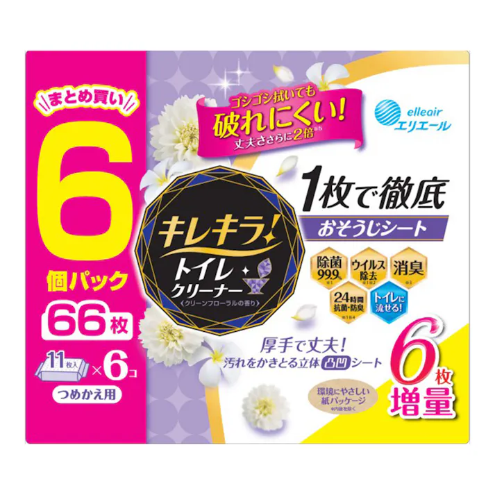 エリエール キレキラ!トイレクリーナー 1枚で徹底 おそうじシート クリーンフローラル 詰替 66枚