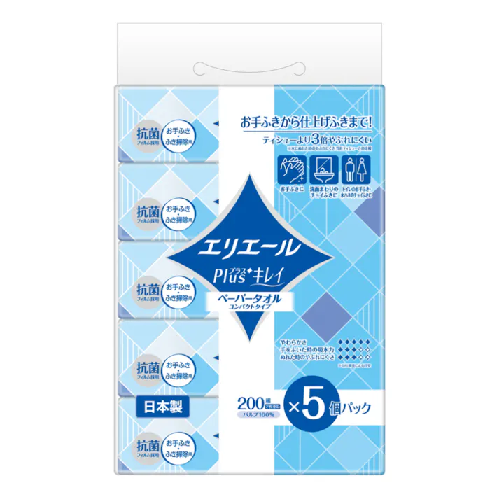 エリエール Plus+キレイ ペーパータオル コンパクトタイプ 200組×5個パック