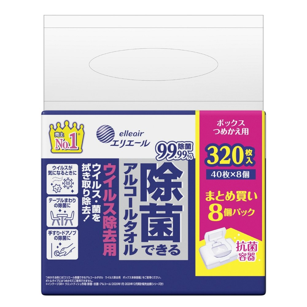 大王製紙 エリエール 除菌できるアルコールタオル ウイルス除去用 ボックスつめかえ用 40枚×8個｜ホームセンター通販【カインズ】