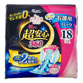 エリス 朝まで超安心 360(特に多い日の夜用)羽つき 36cm 18枚