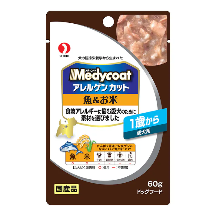 アレルゲンカットパウチ 1歳から成犬用 魚&お米 60g