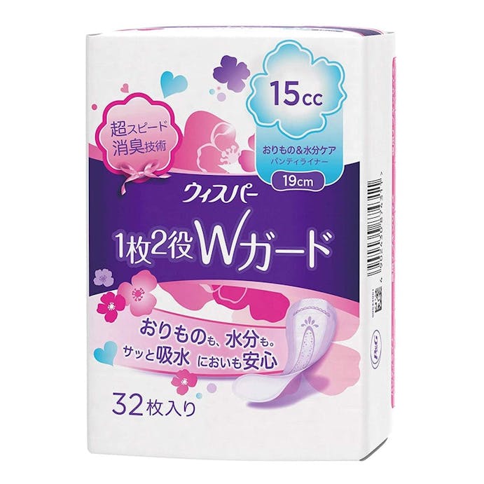 P＆G ウィスパー 1枚2役Wガード おりもの＆水分ケア パンティライナー 15cc 32枚(販売終了)