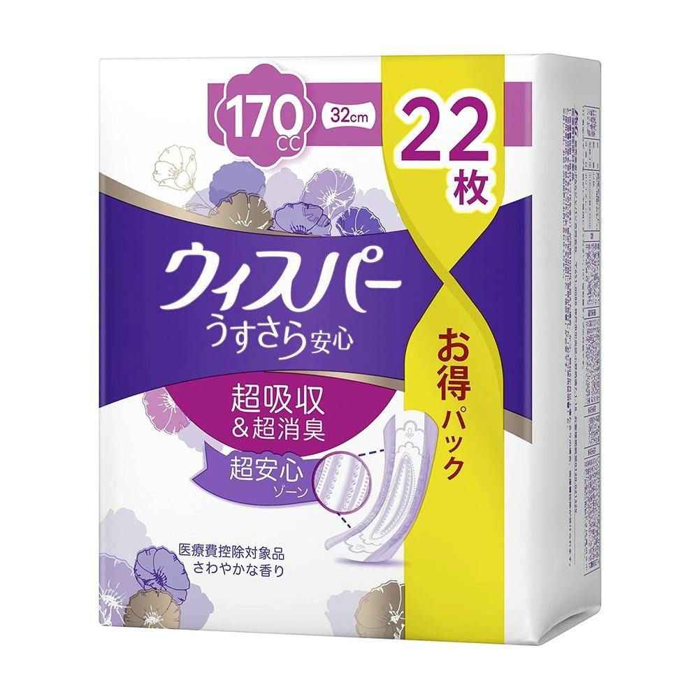 P&G ウィスパー うすさら安心 170cc 22枚×12個 ウィスパー うすさら安心 長時間・夜でも安心用 170cc 22枚 | 生理用品