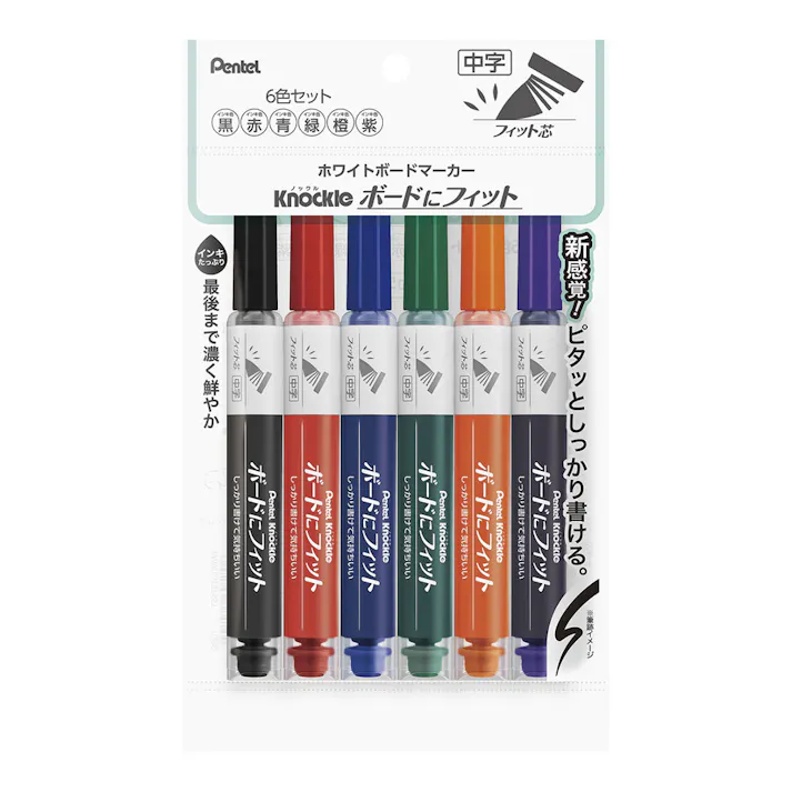 ぺんてる ホワイトボードマーカー ノックル ボードにフィット 中字 6色セット