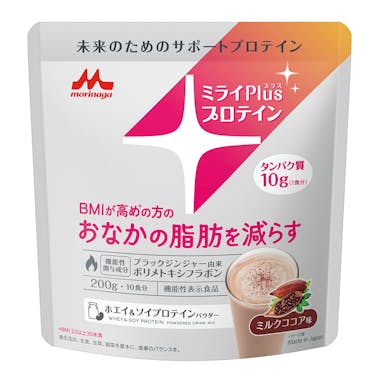 森永乳業 ミライPlusプロテイン ミルクココア味 ホエイ＆ソイプロテインパウダー 200g