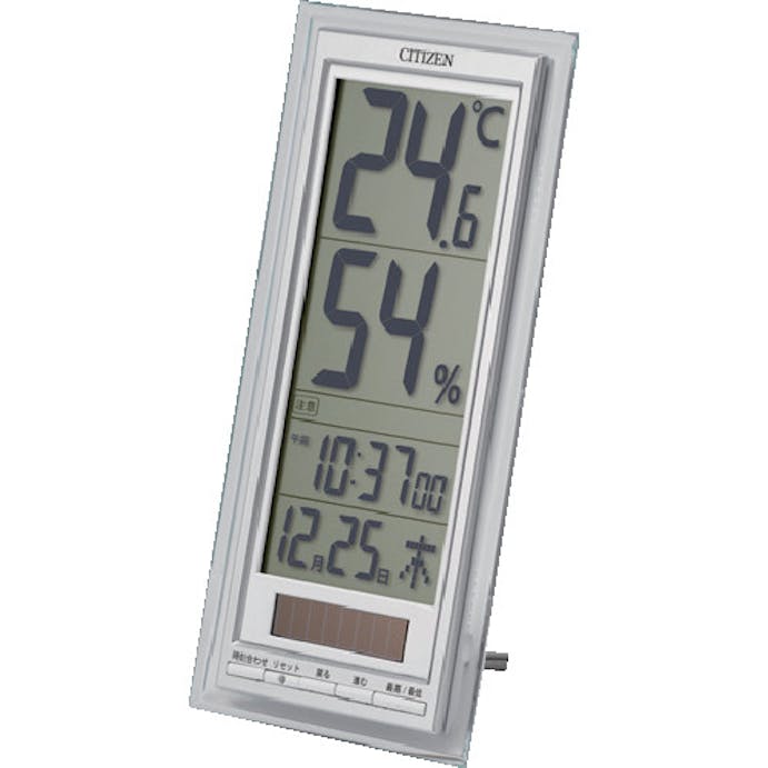 【CAINZ-DASH】リズム 温湿度計（掛置兼用）　高精度　ソーラー補助電源　シルバー　２４０×１１８×２８ｍｍ 8RD204-A19【別送品】