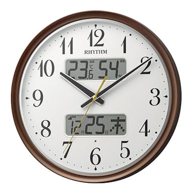 リズム 電波 壁掛け時計(アナログ表示) 温湿度計付き カレンダー 暗所自動点灯機能付き 連続秒針 ブラウン 8FYA04SR06