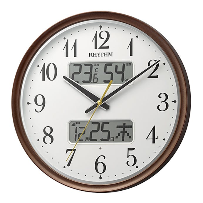 リズム 電波 壁掛け時計(アナログ表示) 温湿度計付き カレンダー 暗所自動点灯機能付き 連続秒針 ブラウン 8FYA04SR06