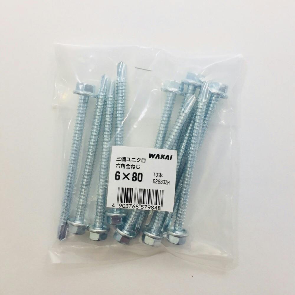 WAKAI ダンバ 三価ユニクロ 六角全ねじ 6×80mm 10本入 袋入り